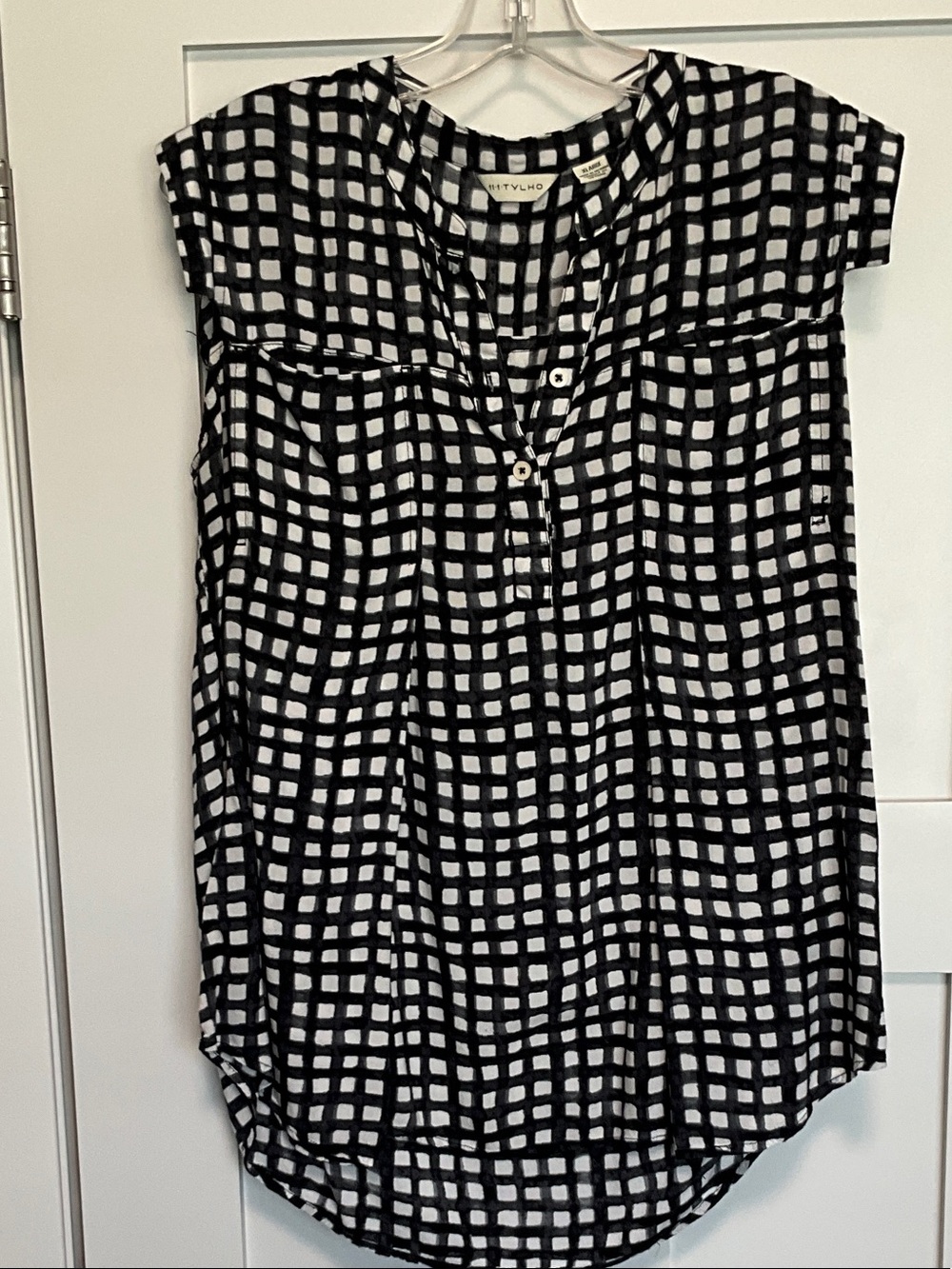 Black and White Grid Tunic with Split V-Neck